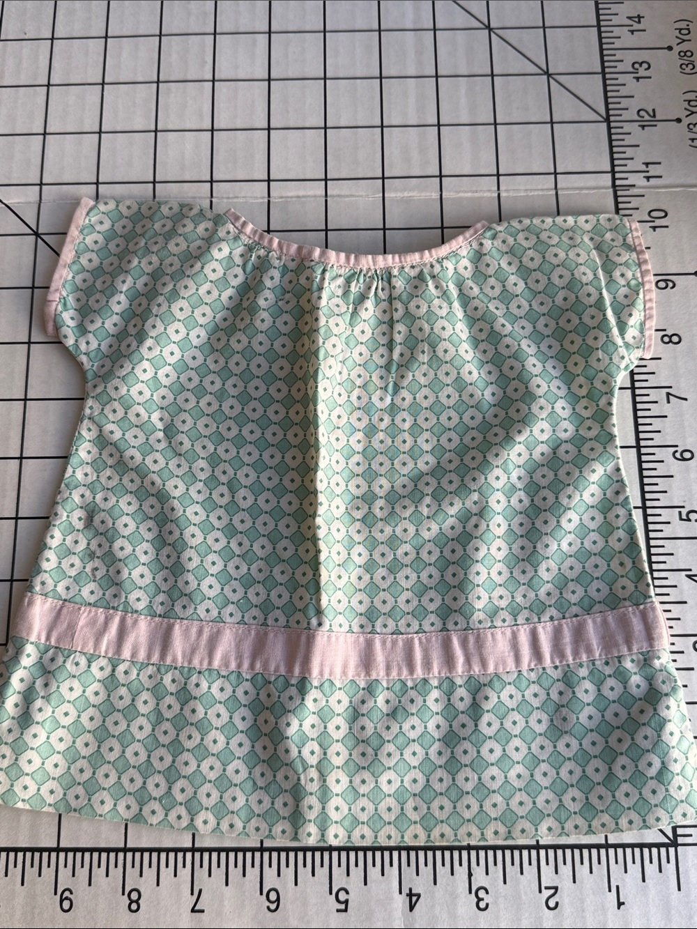 Vintage Handmade Baby or Doll Dress 1940s Green Geometric Print Pink Trim Small